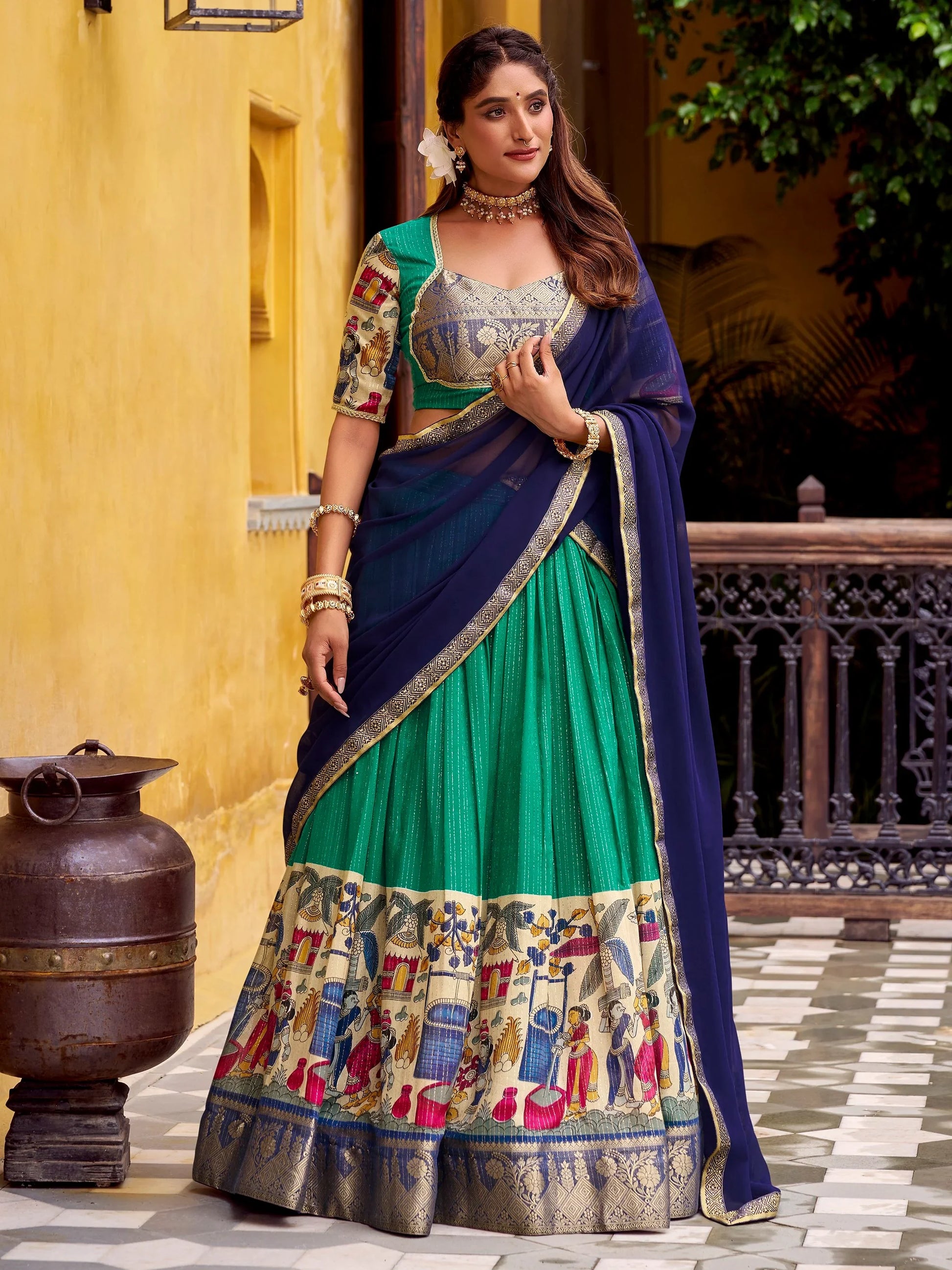 Lovely Sea Green Kalamkari Print Chanderi Silk Traditional Half Saree Lehenga