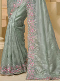 Lovely Sea Green Mirror Work Organza Festival Wear Saree With Blouse - Zeel Clothing