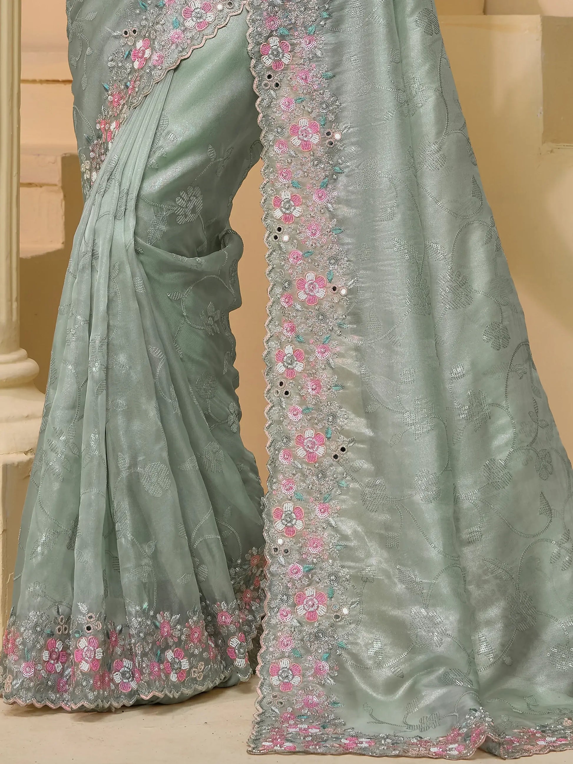 Lovely Sea Green Mirror Work Organza Festival Wear Saree With Blouse - Zeel Clothing
