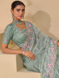 Lovely Sea Green Mirror Work Organza Festival Wear Saree With Blouse - Zeel Clothing