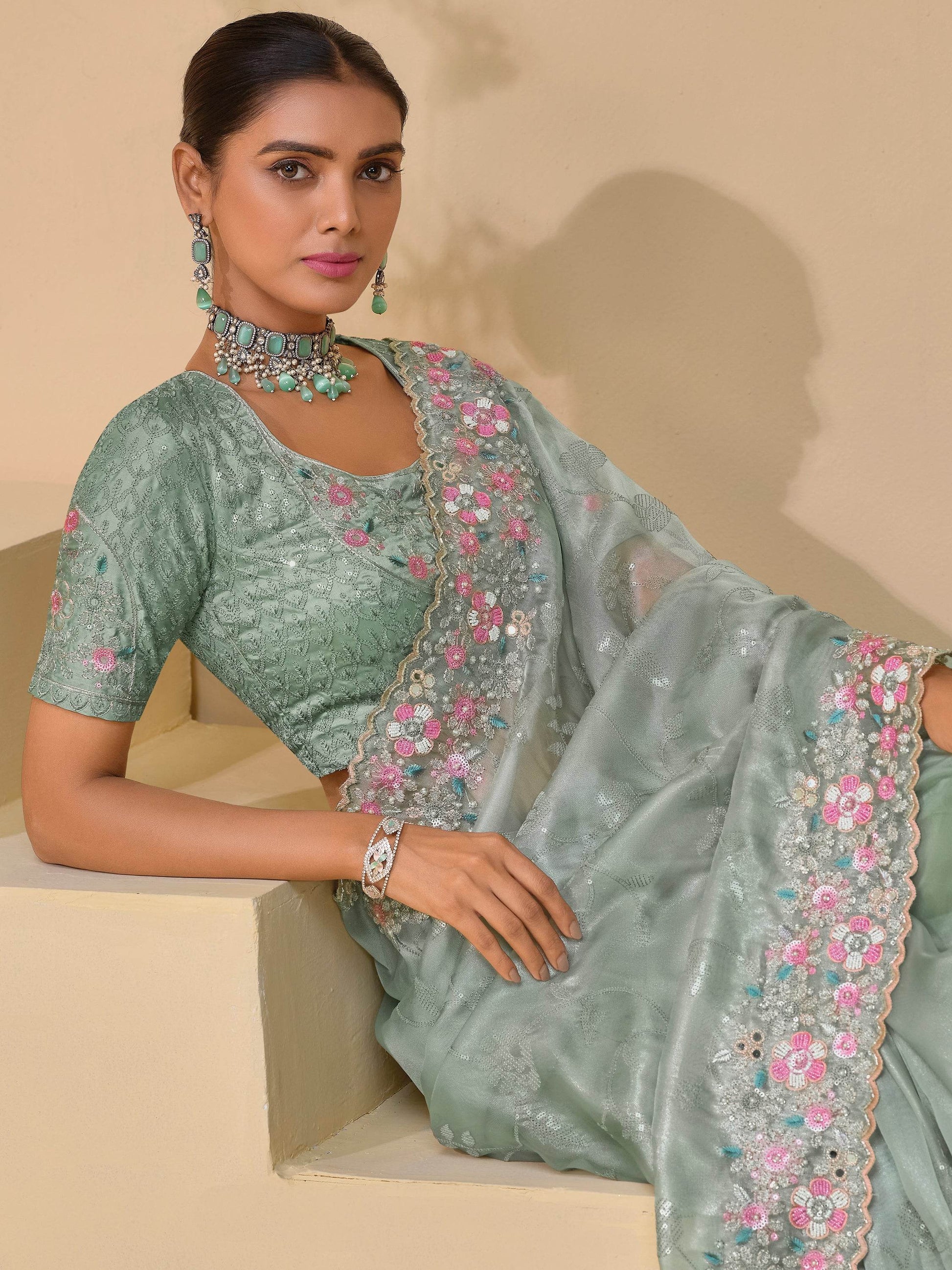 Lovely Sea Green Mirror Work Organza Festival Wear Saree With Blouse - Zeel Clothing