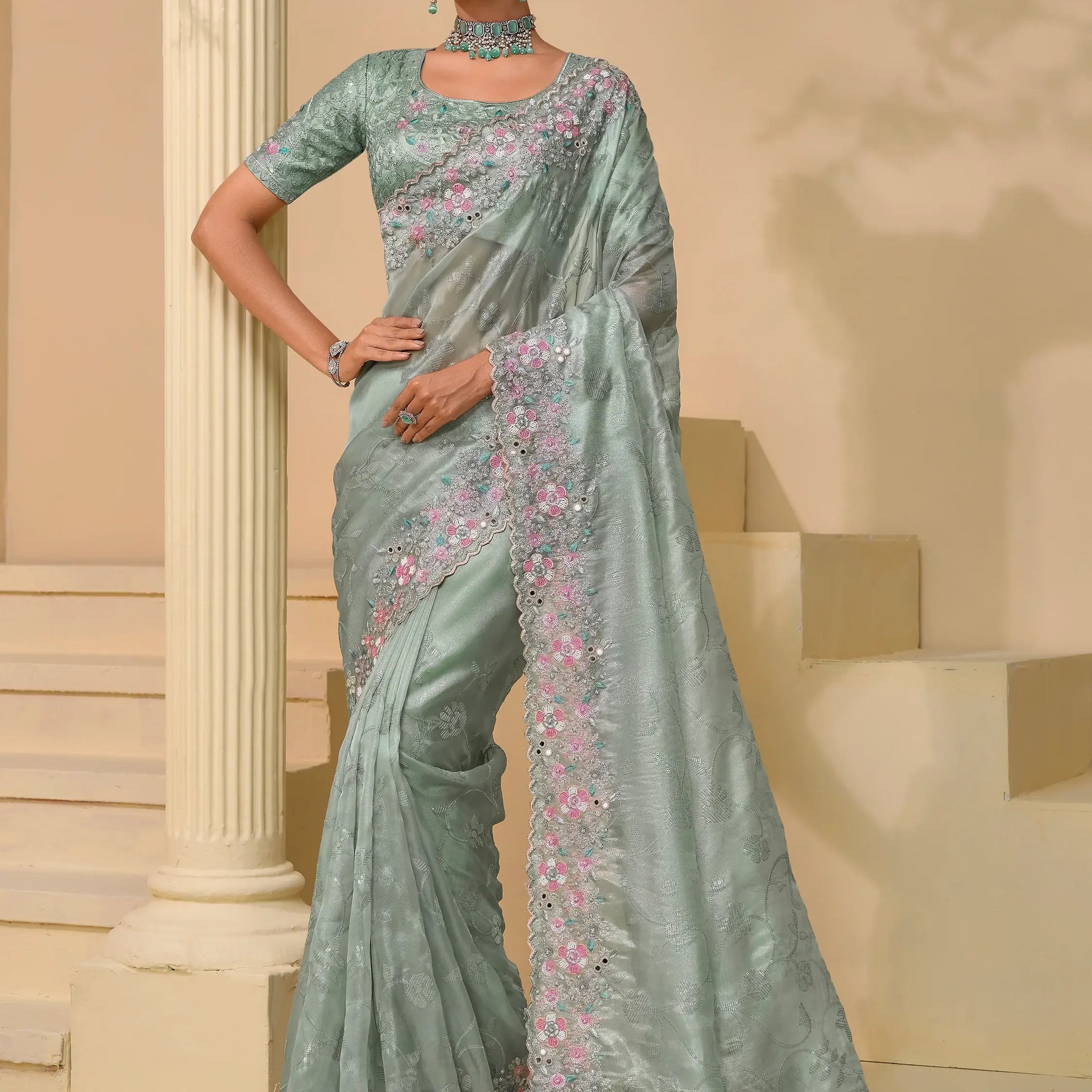 Lovely Sea Green Mirror Work Organza Festival Wear Saree With Blouse - Zeel Clothing