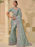 Lovely Sea Green Mirror Work Organza Festival Wear Saree With Blouse - Zeel Clothing