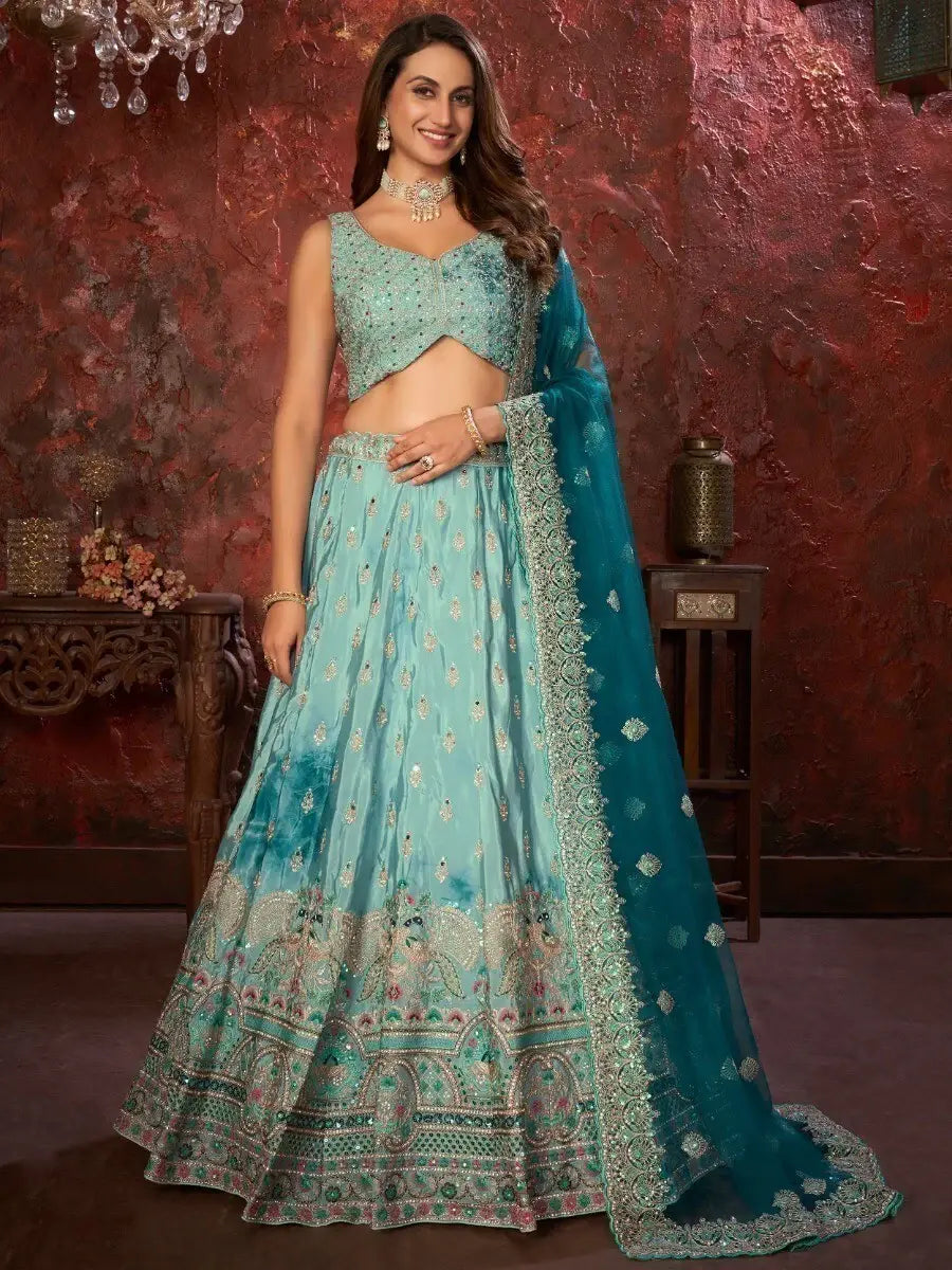 Lovely Sky-Blue Embroidered Crepe Lehenga Choli With Dupatta - Zeel Clothing