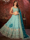 Lovely Sky-Blue Embroidered Crepe Lehenga Choli With Dupatta - Zeel Clothing