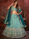 Lovely Sky-Blue Embroidered Crepe Lehenga Choli With Dupatta - Zeel Clothing