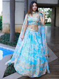Lovely Sky Blue Floral Printed Organza Engagement Wear Lehenga Choli - Zeel Clothing