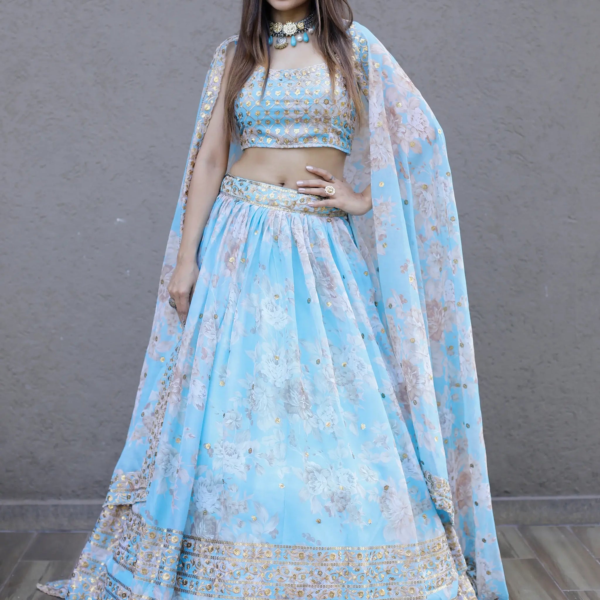 Lovely Sky Blue Floral Printed Organza Engagement Wear Lehenga Choli - Zeel Clothing