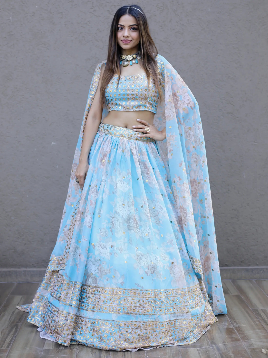 Lovely Sky Blue Floral Printed Organza Engagement Wear Lehenga Choli - Zeel Clothing