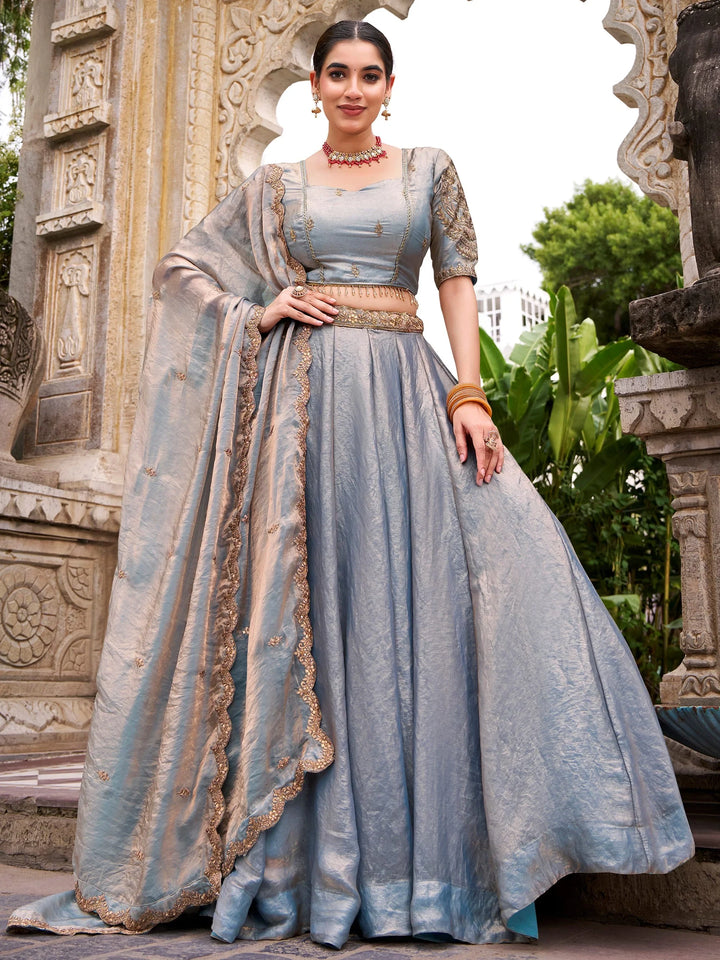 Lovely Sky Blue Sequins Organza Marriage Wear Lehenga Choli With Dupatta