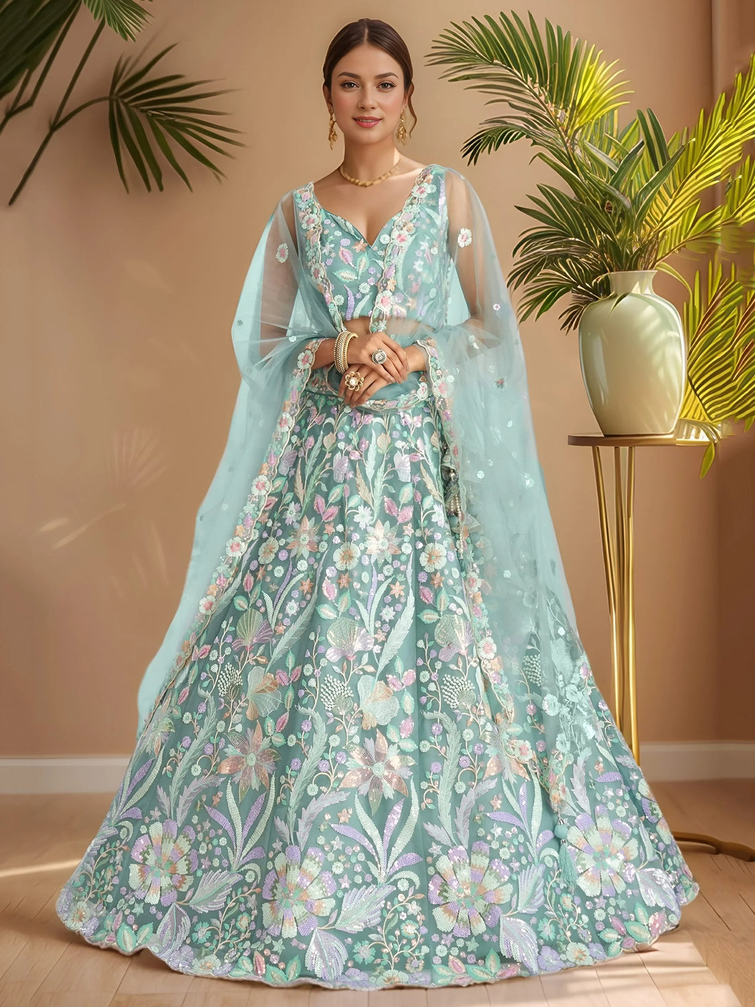 Lovely Sky Blue Sequins Work Net Bridesmaid Lehenga Choli With Dupatta