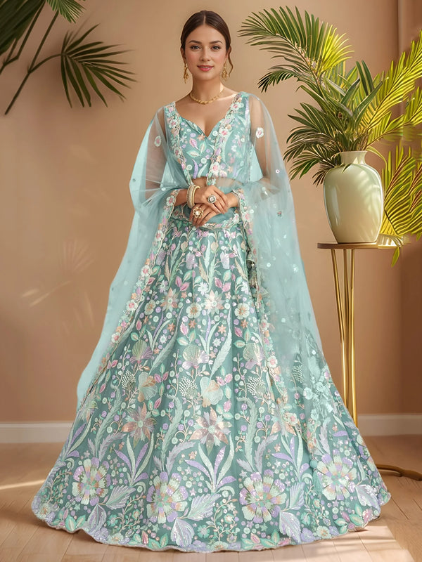 Lovely Sky Blue Sequins Work Net Bridesmaid Lehenga Choli With Dupatta