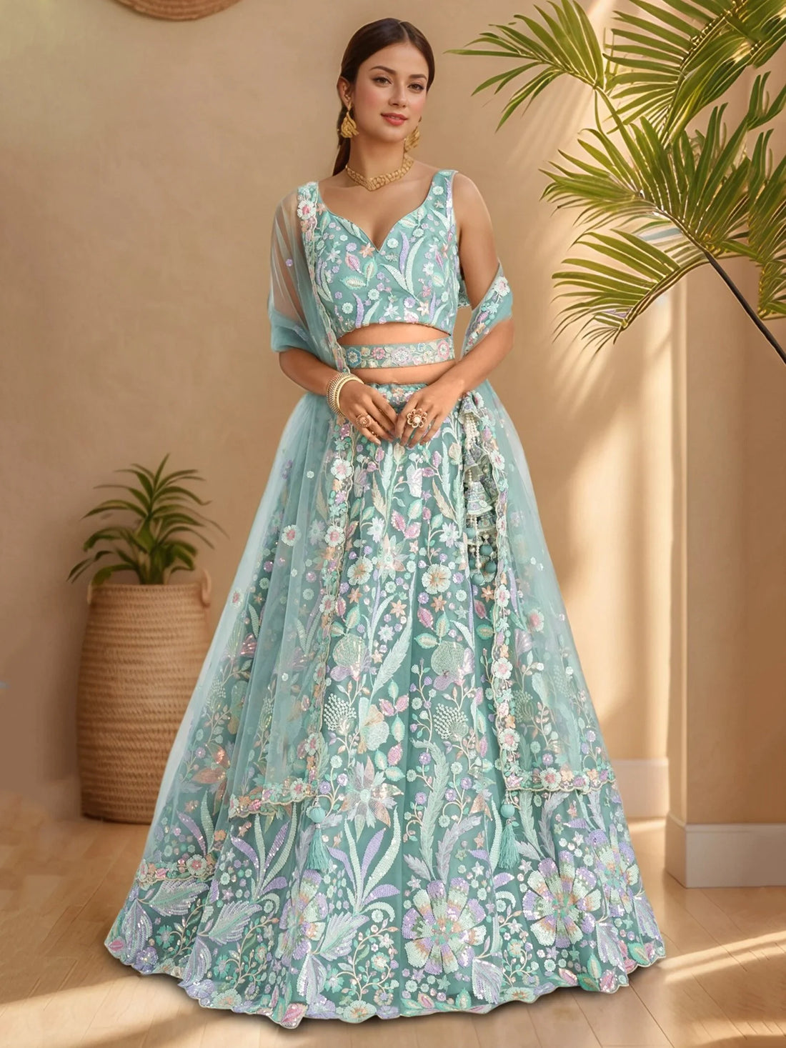 Lovely Sky Blue Sequins Work Net Bridesmaid Lehenga Choli With Dupatta