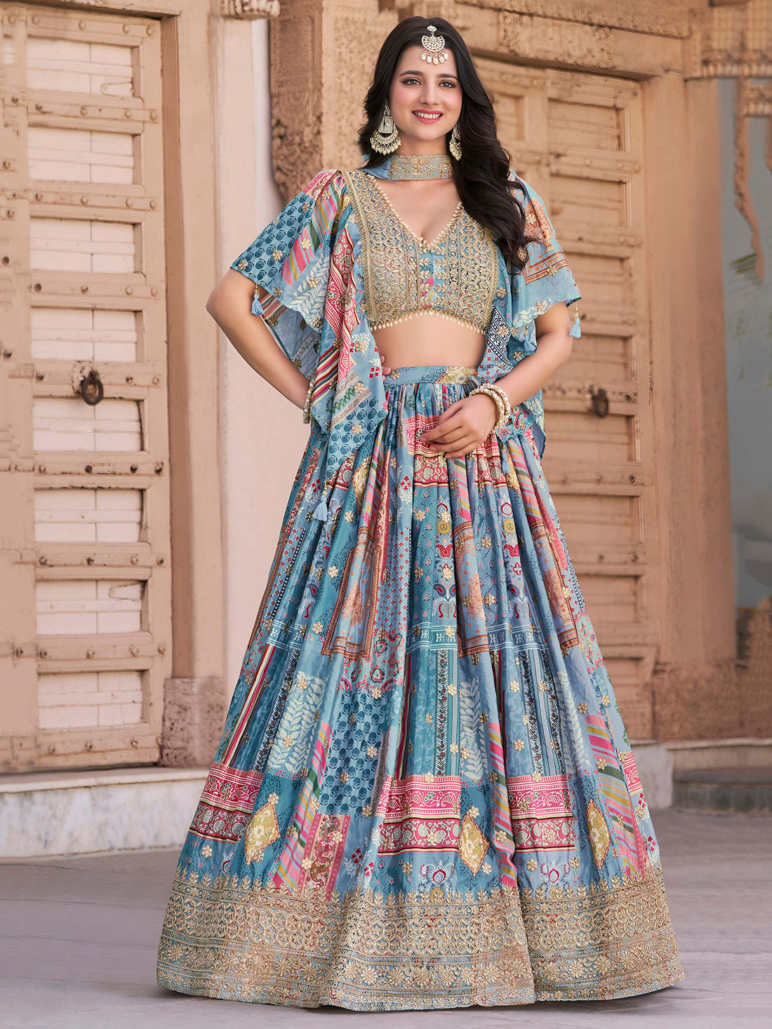 Lovely Sky Blue Zari Embroidery Chinon Reception Wear Lehenga Choli With Dupatta - Zeel Clothing