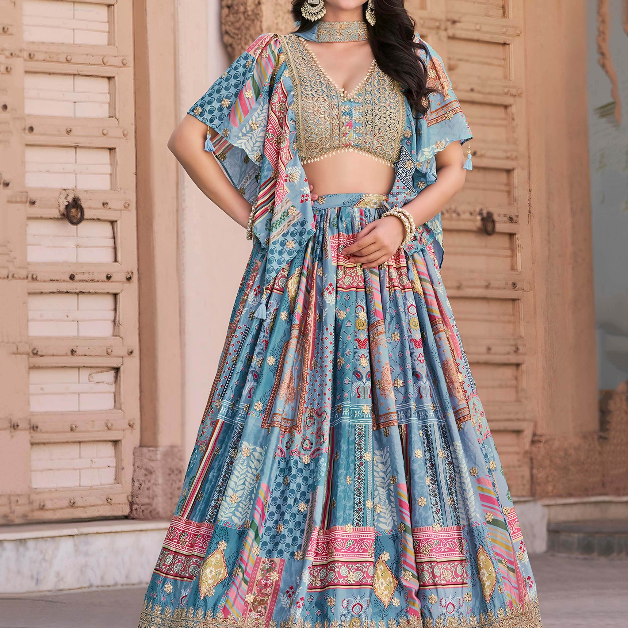 Lovely Sky Blue Zari Embroidery Chinon Reception Wear Lehenga Choli With Dupatta - Zeel Clothing