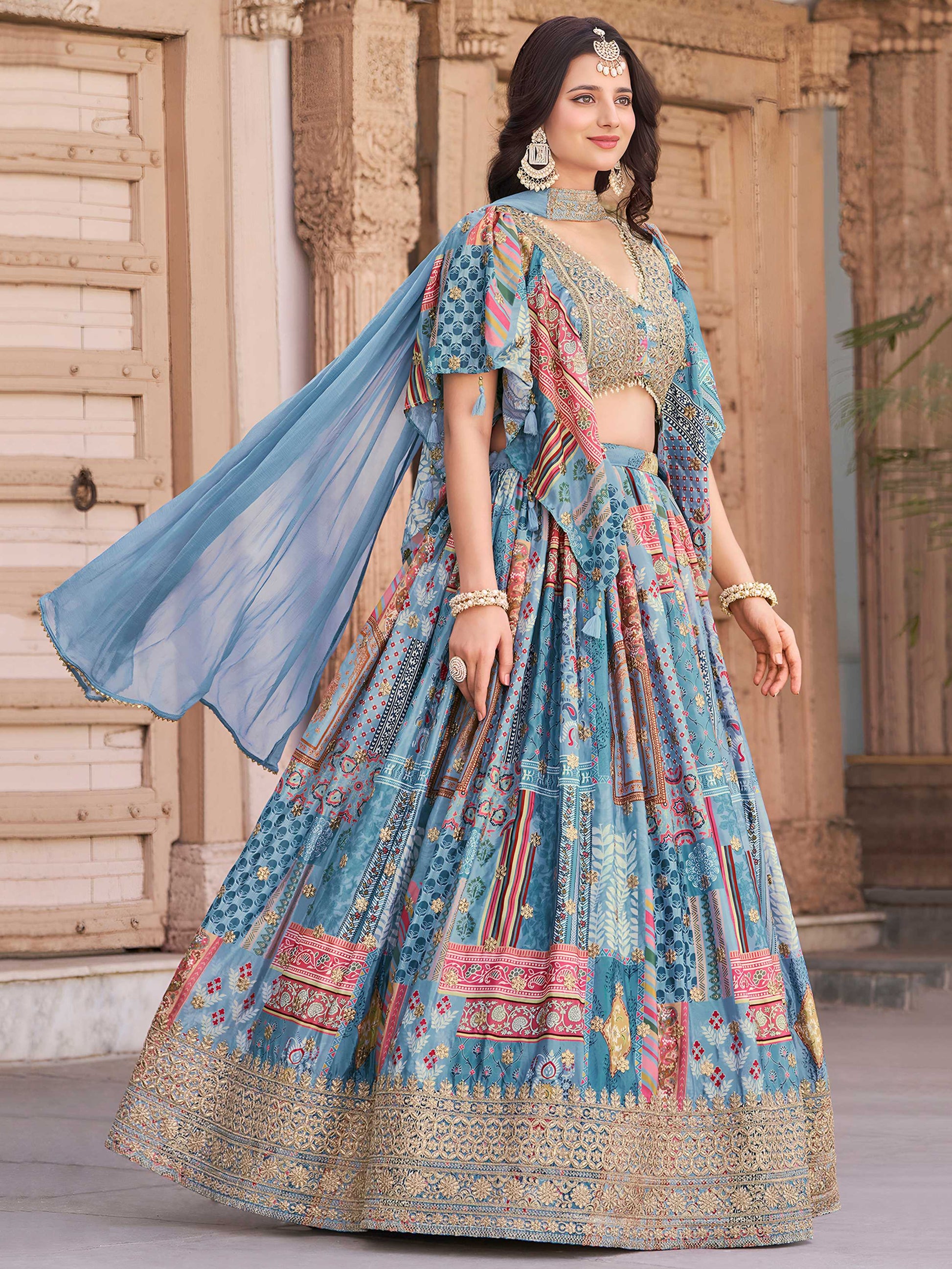 Lovely Sky Blue Zari Embroidery Chinon Reception Wear Lehenga Choli With Dupatta - Zeel Clothing