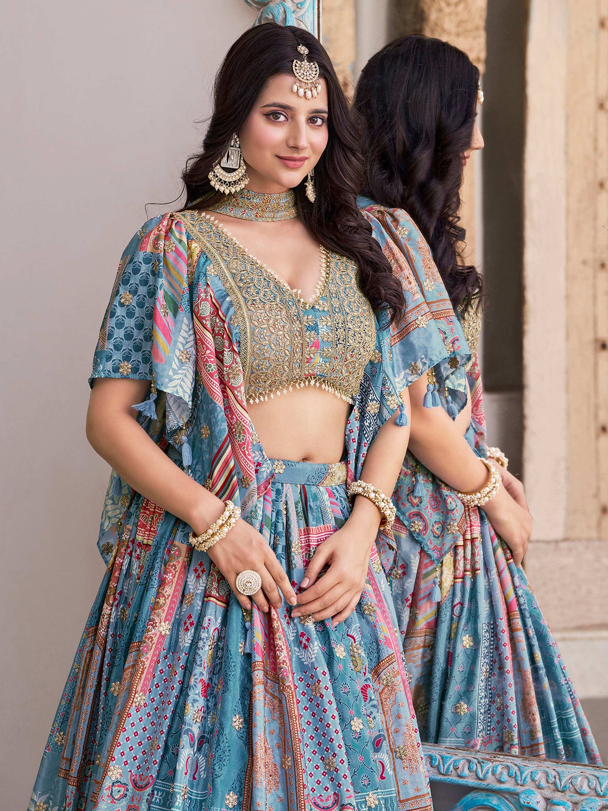 Lovely Sky Blue Zari Embroidery Chinon Reception Wear Lehenga Choli With Dupatta - Zeel Clothing