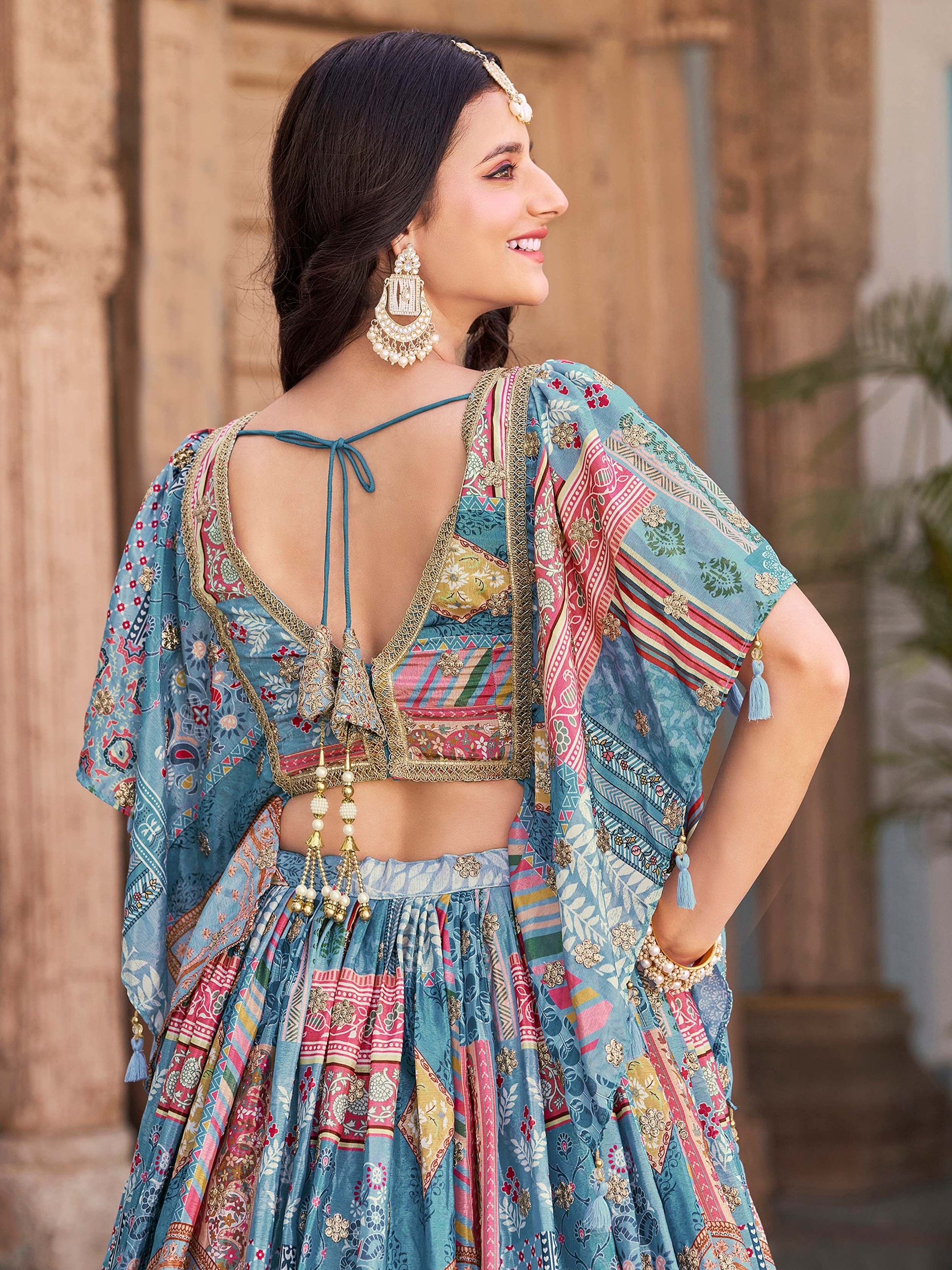 Lovely Sky Blue Zari Embroidery Chinon Reception Wear Lehenga Choli With Dupatta - Zeel Clothing