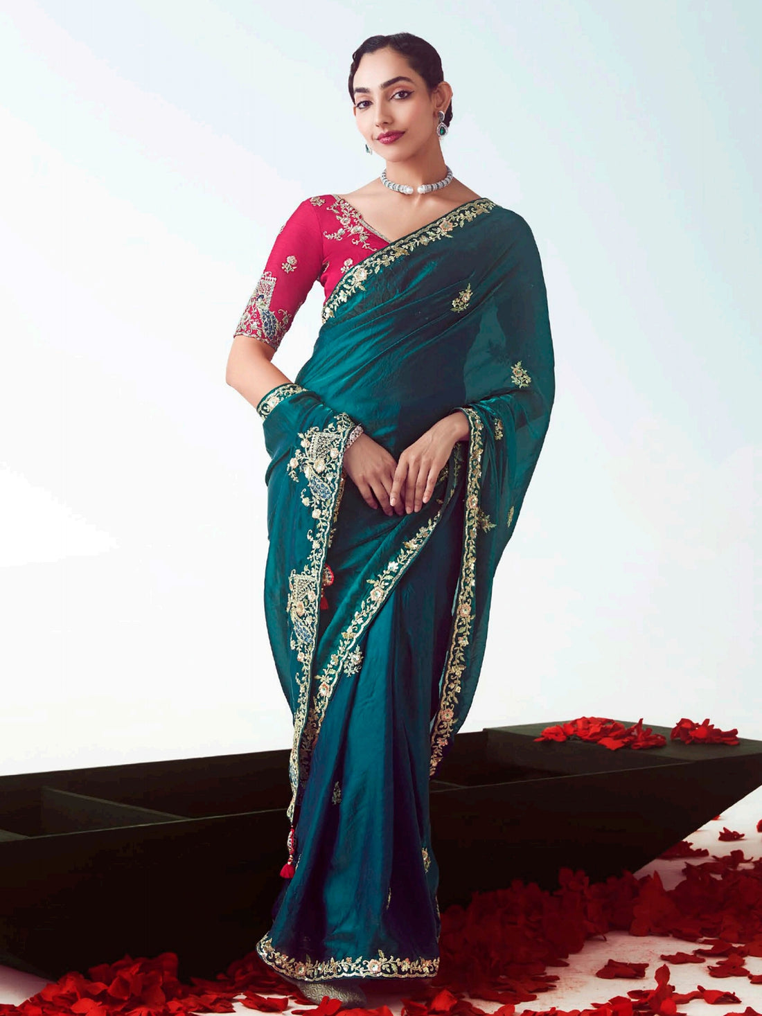 Lovely Teal Blue Heavy Embroidered Organza Designer Saree With Blouse - Zeel Clothing
