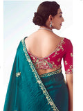 Lovely Teal Blue Heavy Embroidered Organza Designer Saree With Blouse - Zeel Clothing