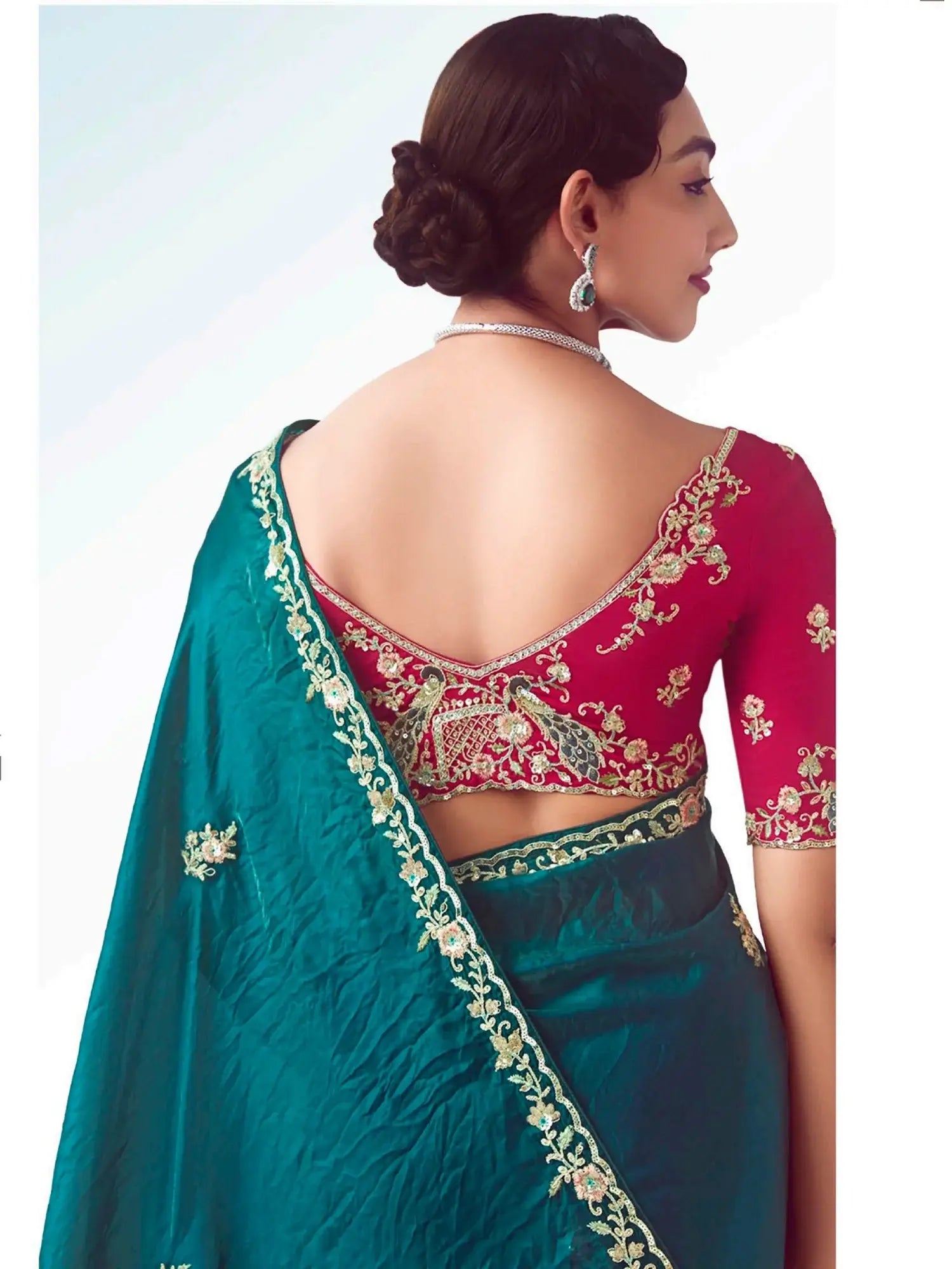 Lovely Teal Blue Heavy Embroidered Organza Designer Saree With Blouse - Zeel Clothing