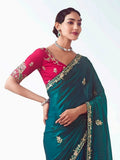 Lovely Teal Blue Heavy Embroidered Organza Designer Saree With Blouse - Zeel Clothing