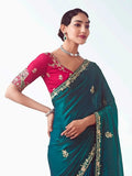 Lovely Teal Blue Heavy Embroidered Organza Designer Saree With Blouse - Zeel Clothing