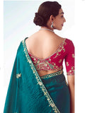 Lovely Teal Blue Heavy Embroidered Organza Designer Saree With Blouse - Zeel Clothing