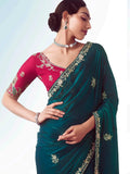 Lovely Teal Blue Heavy Embroidered Organza Designer Saree With Blouse - Zeel Clothing