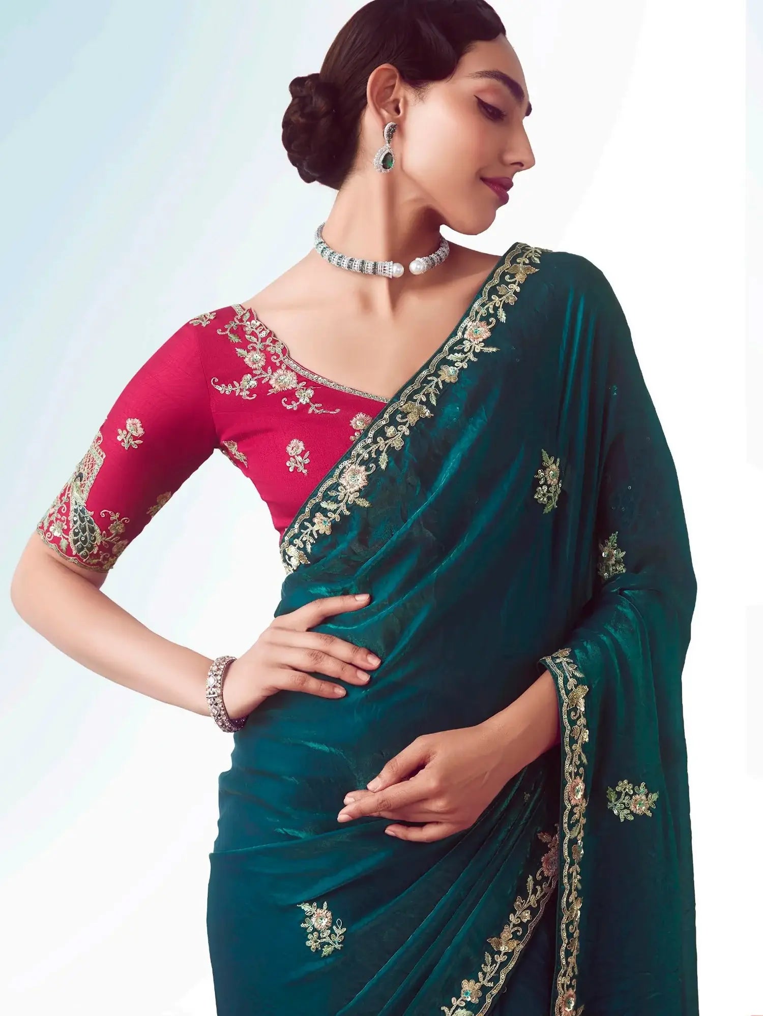 Lovely Teal Blue Heavy Embroidered Organza Designer Saree With Blouse - Zeel Clothing