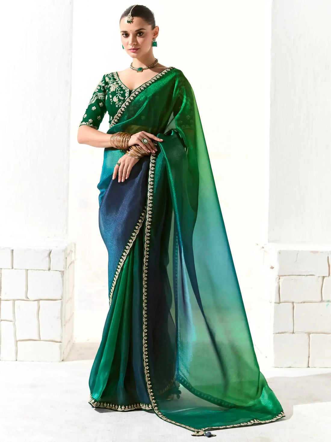 Lovely Teal Green Border Work Tissue Silk Party Wear Saree With Blouse - Zeel Clothing