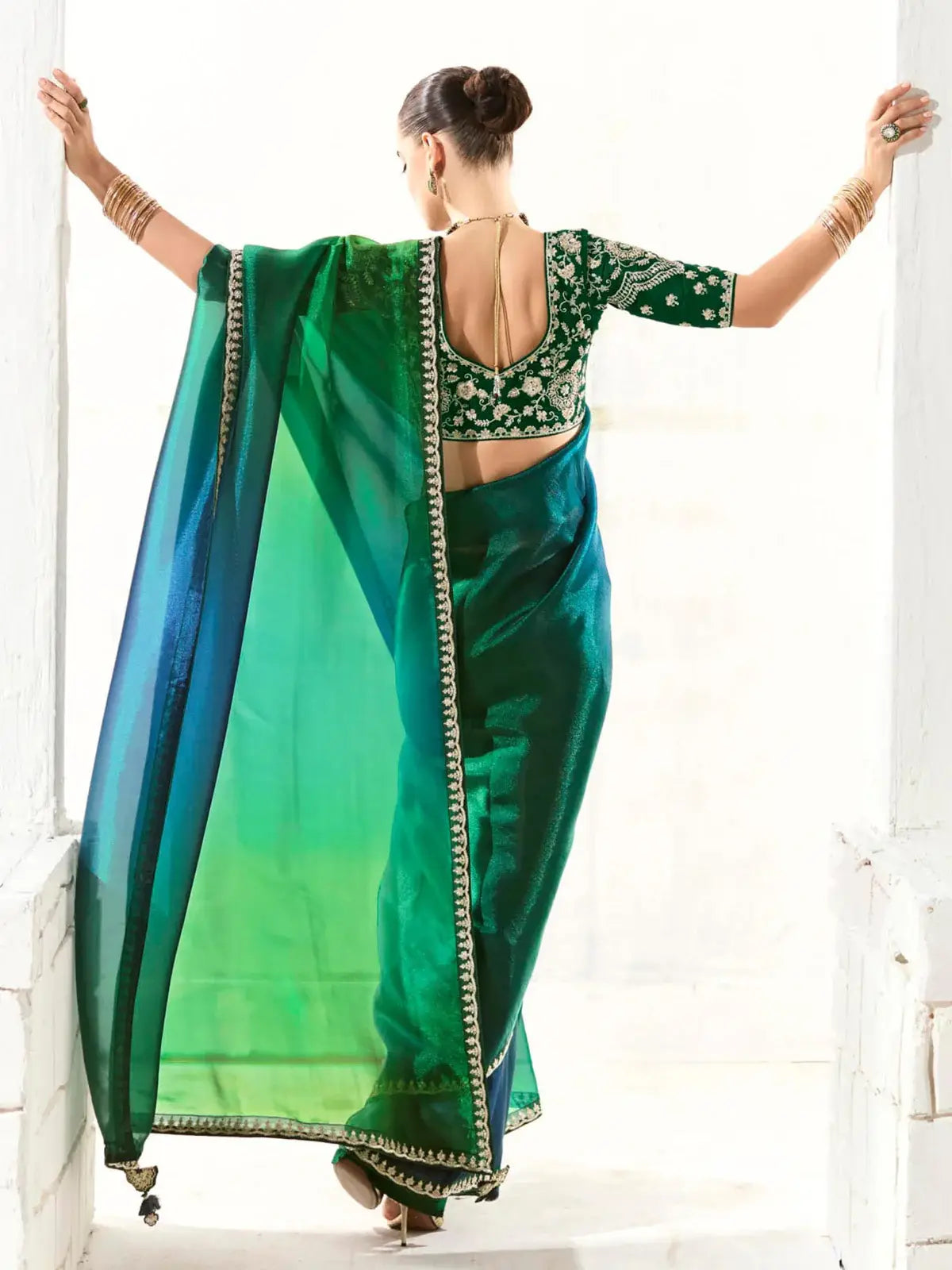 Lovely Teal Green Border Work Tissue Silk Party Wear Saree With Blouse - Zeel Clothing