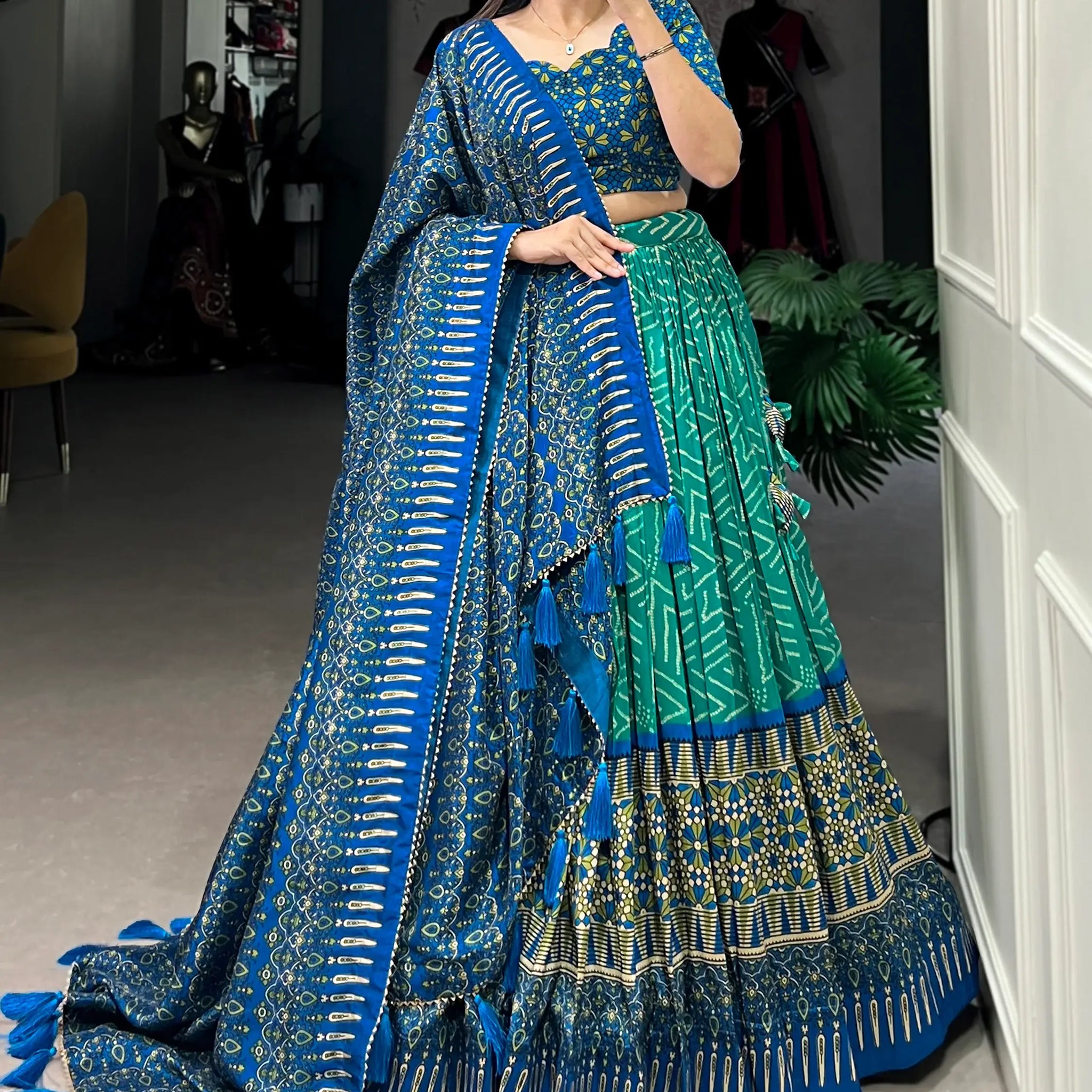 Lovely Teal Green Digital Printed Tussar Silk Event Wear Lehenga Choli - Zeel Clothing