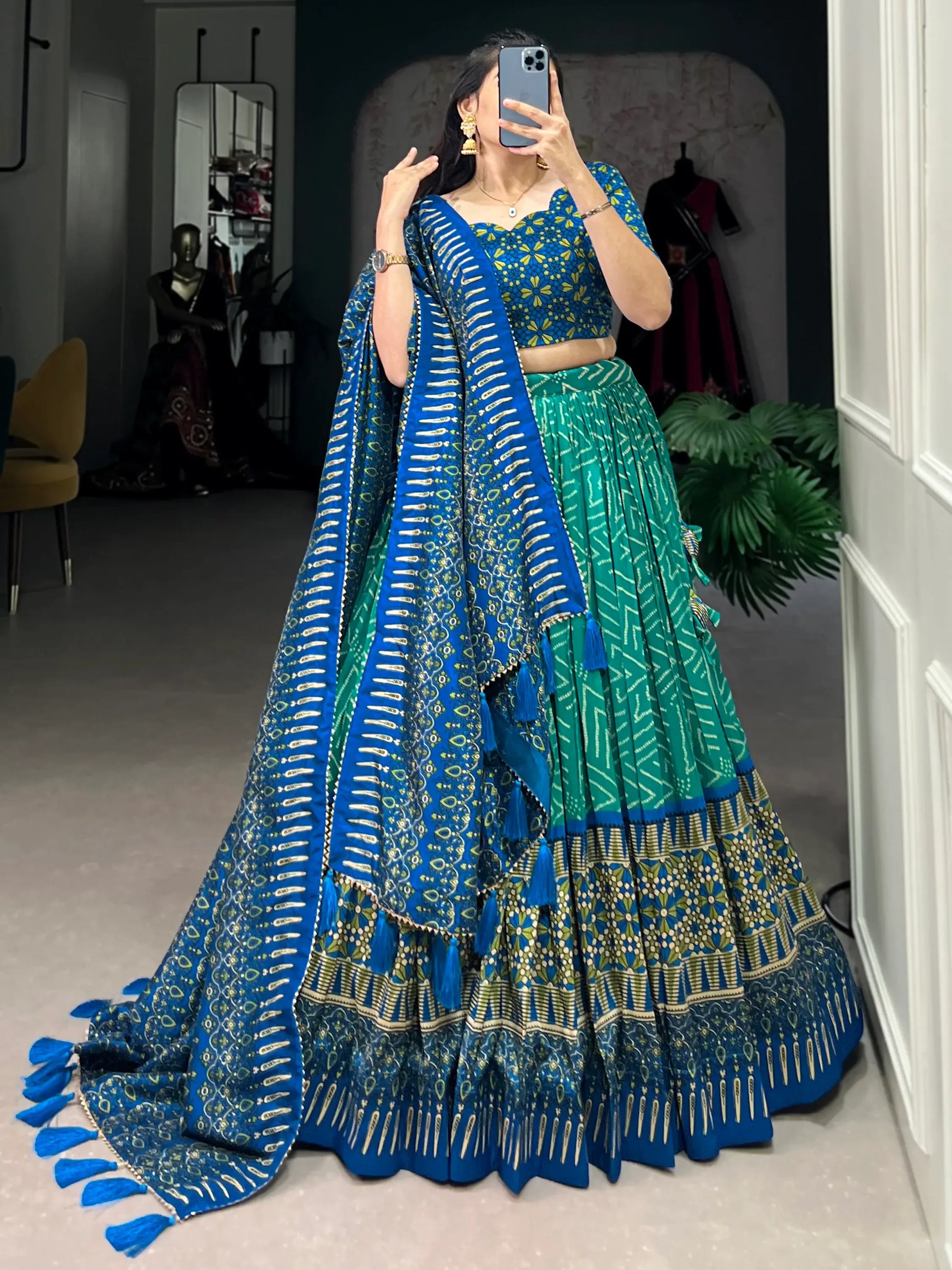 Lovely Teal Green Digital Printed Tussar Silk Event Wear Lehenga Choli - Zeel Clothing