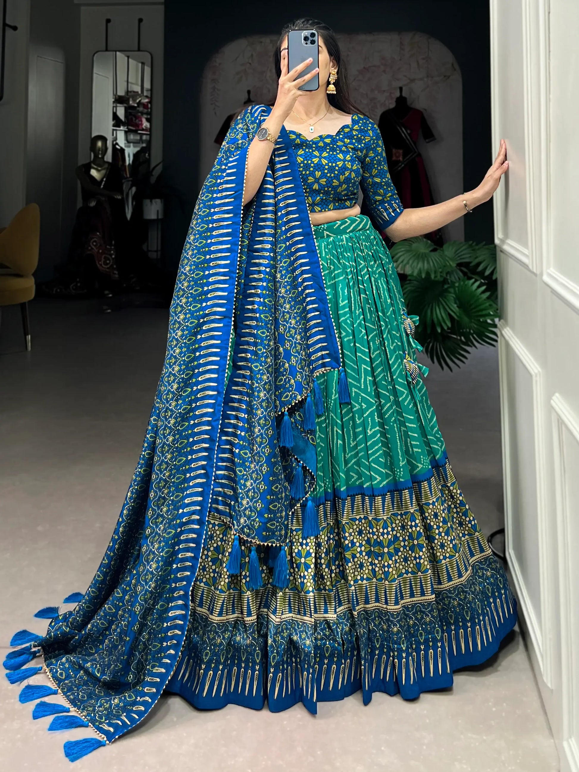 Lovely Teal Green Digital Printed Tussar Silk Event Wear Lehenga Choli - Zeel Clothing