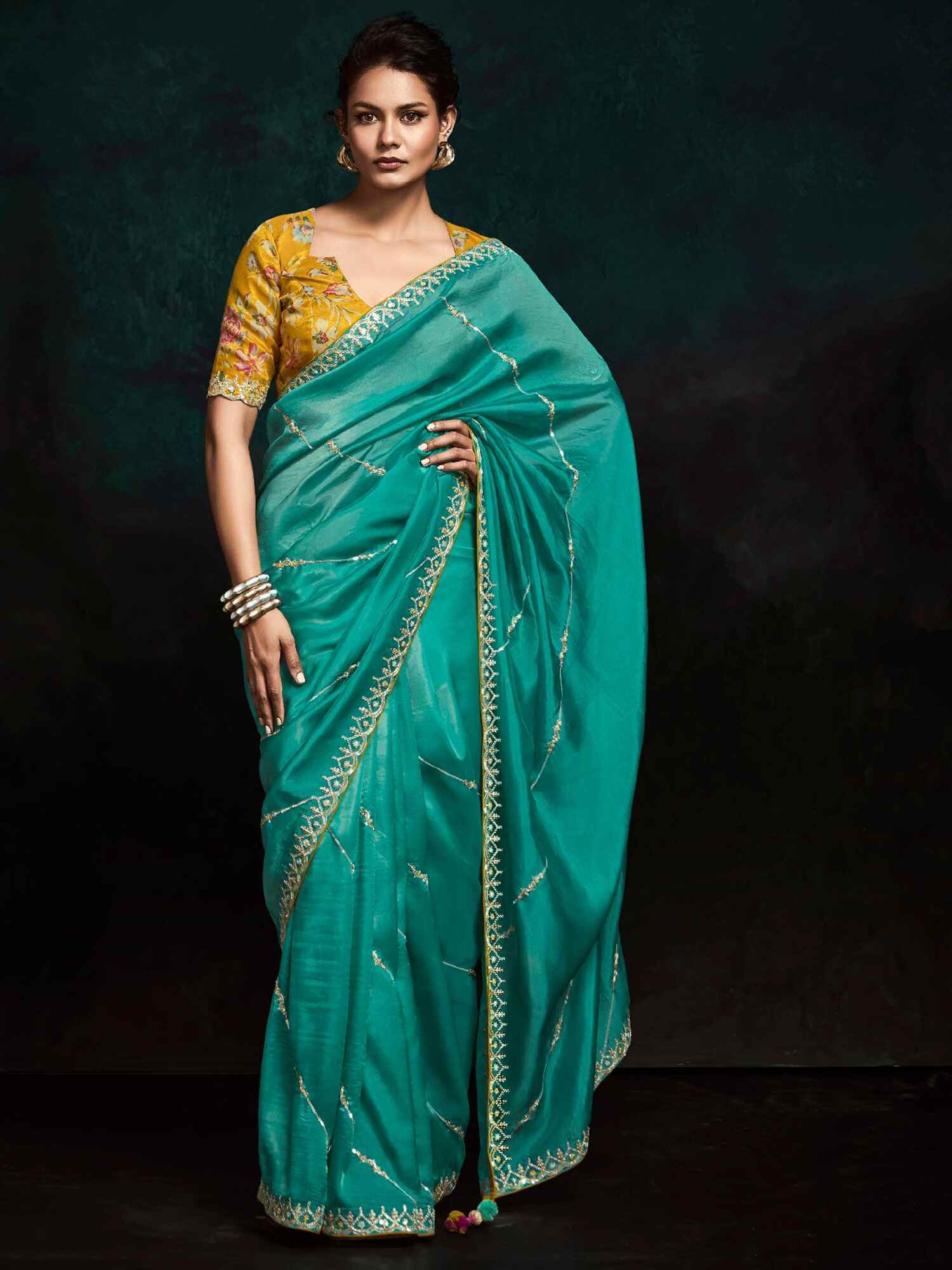 Lovely Teal Green Embroidered Tissue Silk Festival Wear Saree - Zeel Clothing