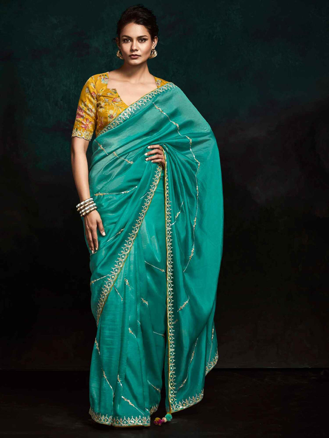 Lovely Teal Green Embroidered Tissue Silk Festival Wear Saree - Zeel Clothing