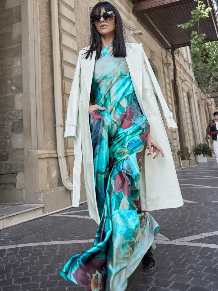 Lovely Turquoise Digital Printed Satin Events Wear Saree With Blouse - Zeel Clothing