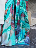 Lovely Turquoise Digital Printed Satin Events Wear Saree With Blouse - Zeel Clothing