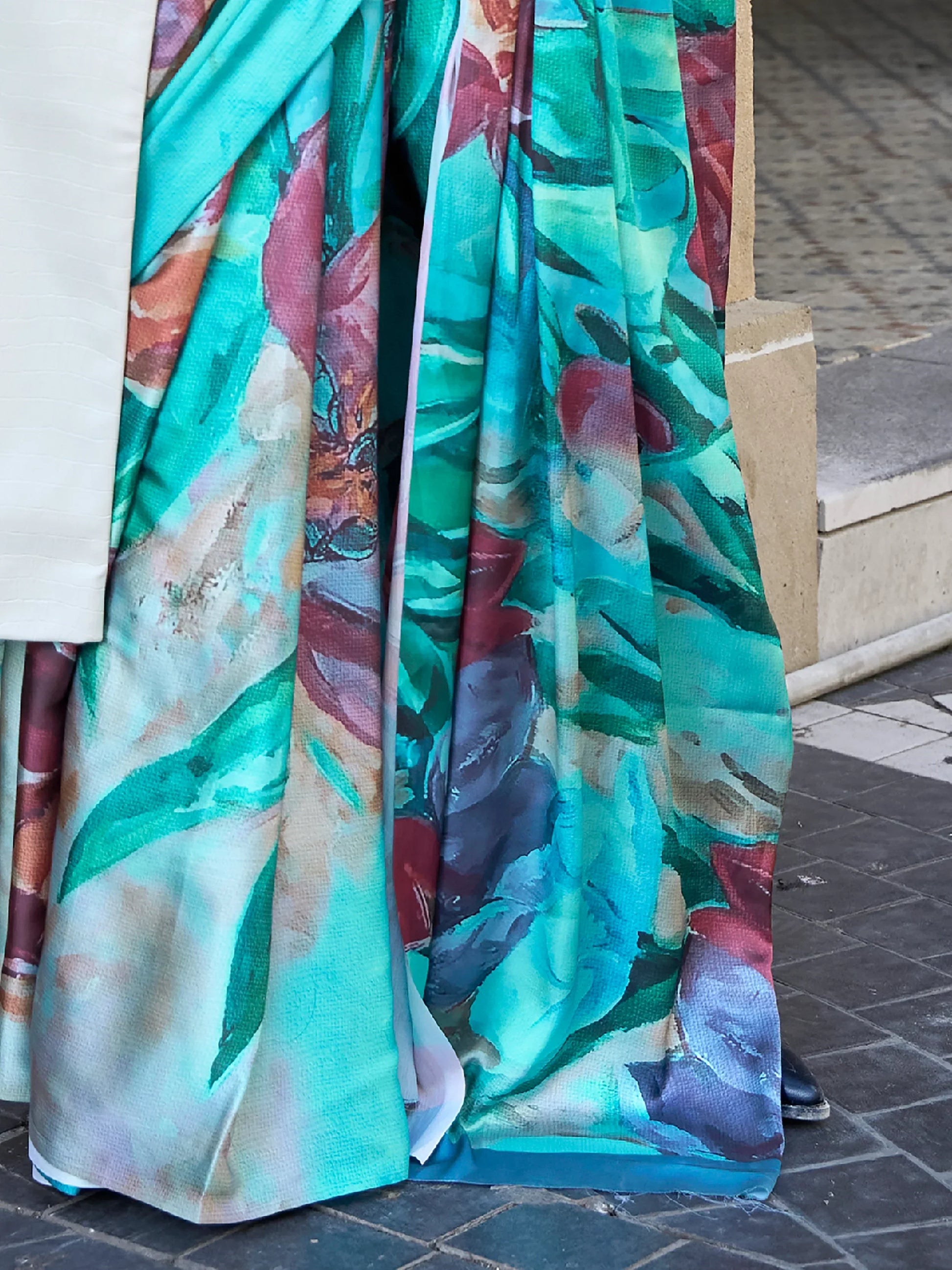 Lovely Turquoise Digital Printed Satin Events Wear Saree With Blouse - Zeel Clothing