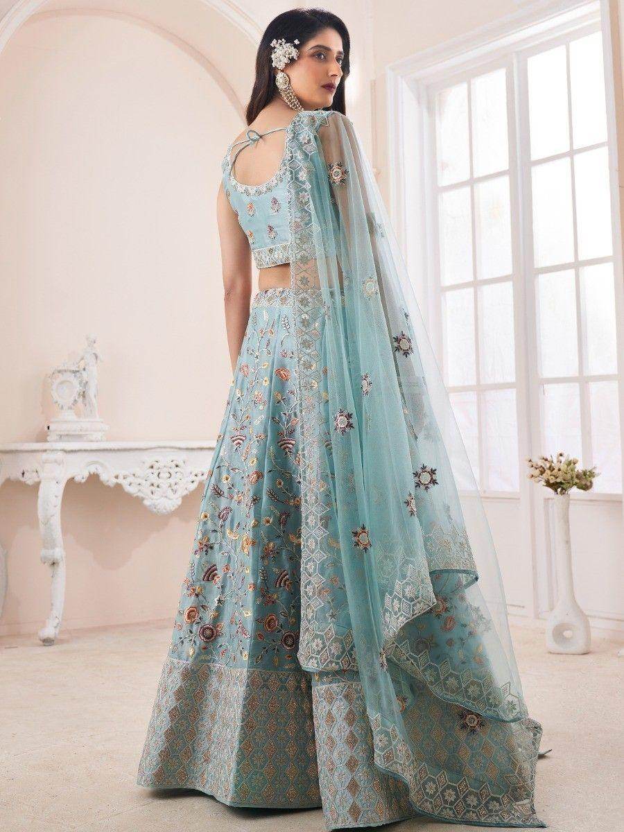 Lovely Turquoise Embroidered Silk Lehenga Choli With Dupatta - Zeel Clothing