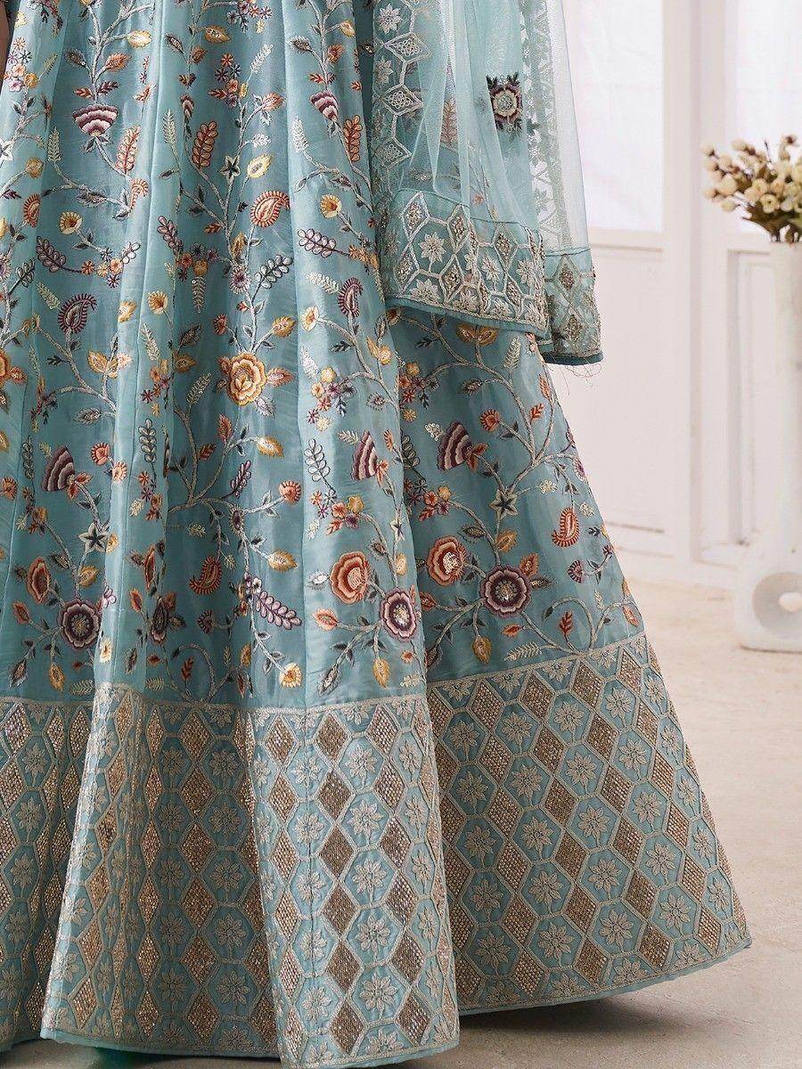 Lovely Turquoise Embroidered Silk Lehenga Choli With Dupatta - Zeel Clothing