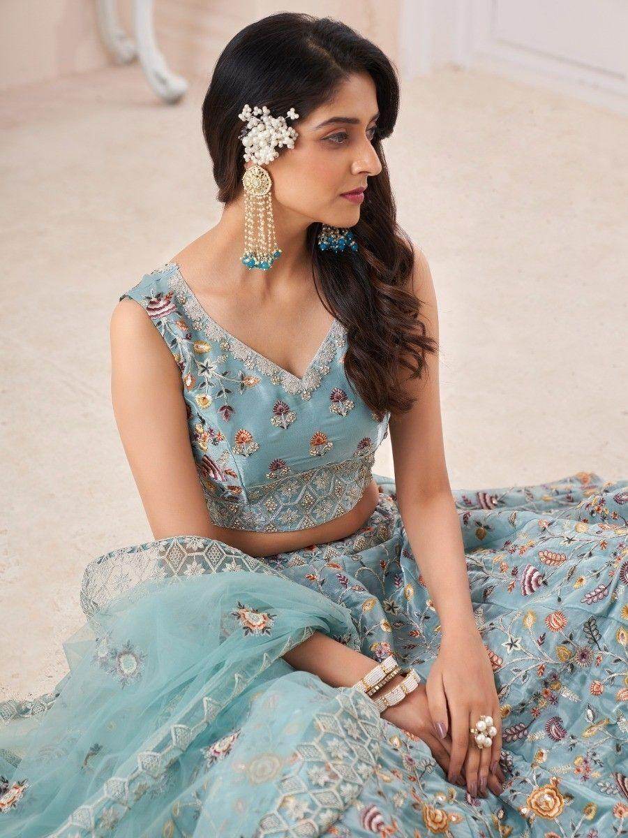 Lovely Turquoise Embroidered Silk Lehenga Choli With Dupatta - Zeel Clothing