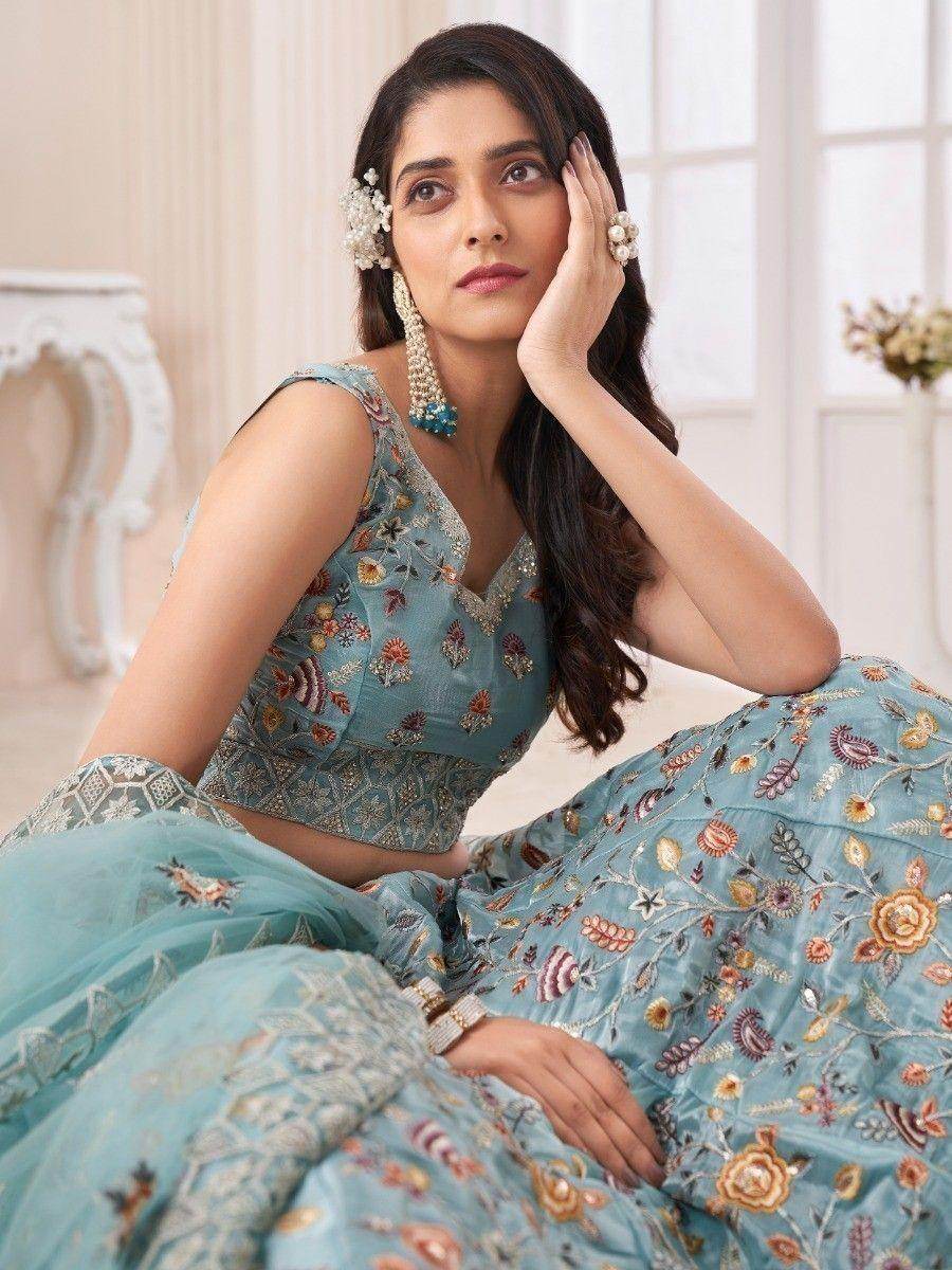 Lovely Turquoise Embroidered Silk Lehenga Choli With Dupatta - Zeel Clothing