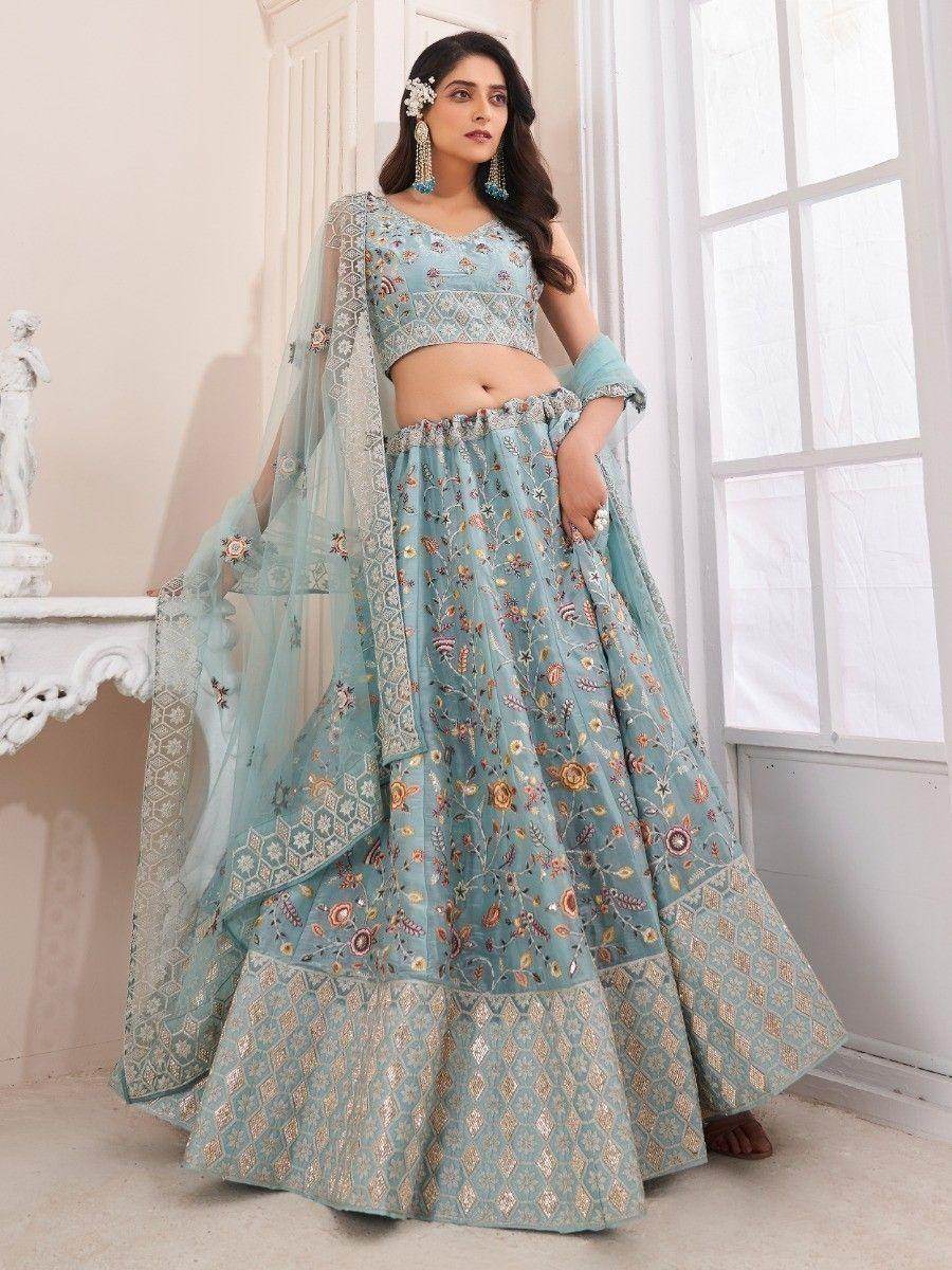 Lovely Turquoise Embroidered Silk Lehenga Choli With Dupatta - Zeel Clothing