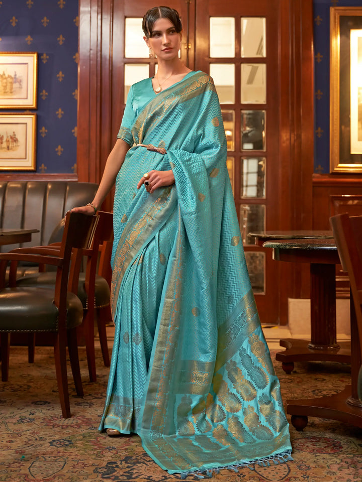 Lovely Turquoise Zari Weaving Satin Reception Wear Saree With Blouse - Zeel Clothing