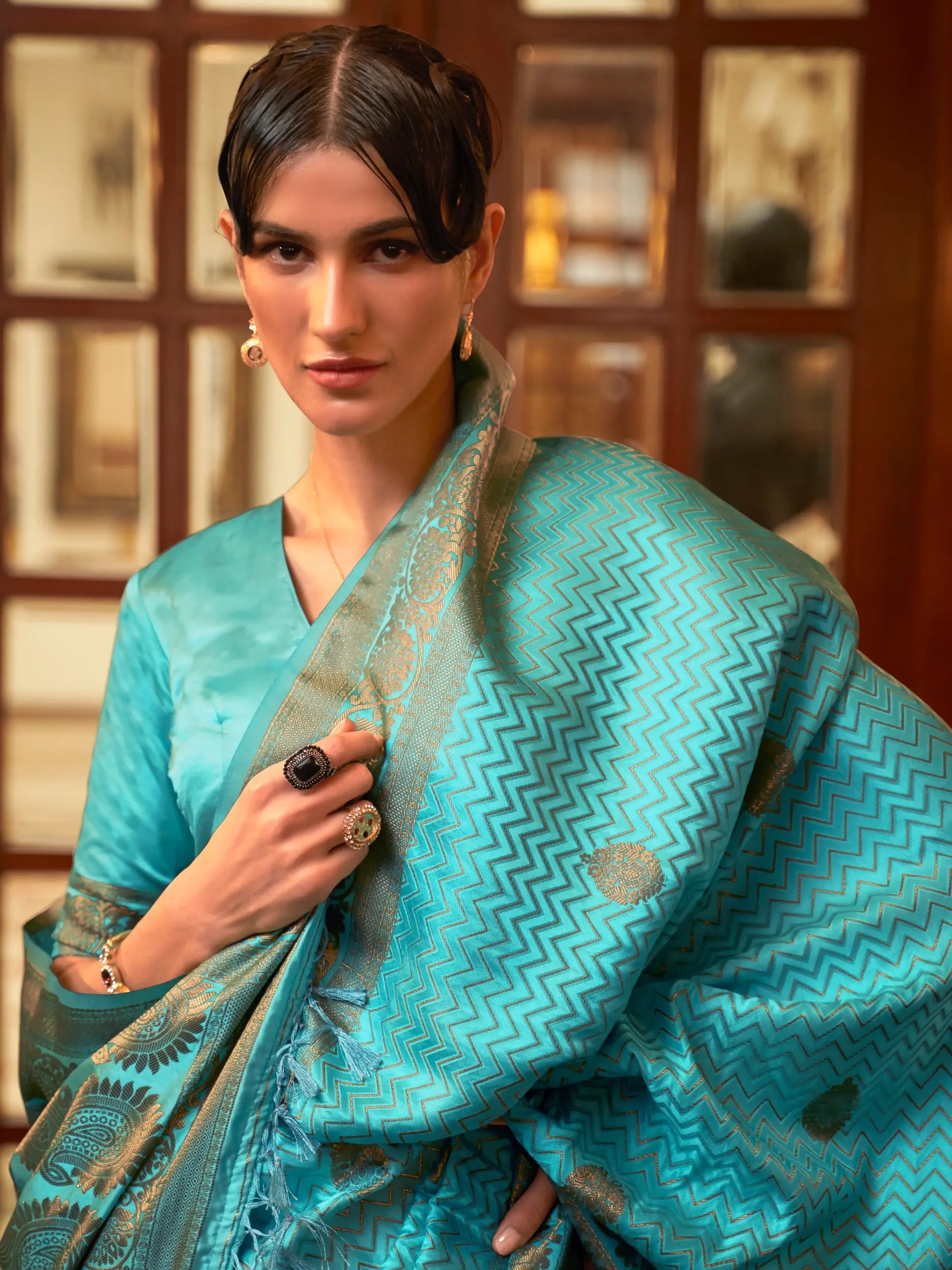Lovely Turquoise Zari Weaving Satin Reception Wear Saree With Blouse - Zeel Clothing