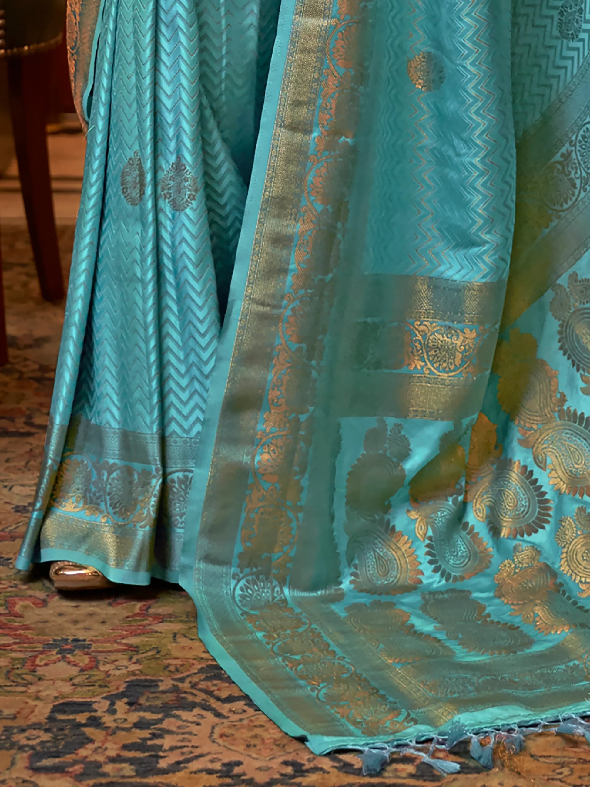 Lovely Turquoise Zari Weaving Satin Reception Wear Saree With Blouse - Zeel Clothing