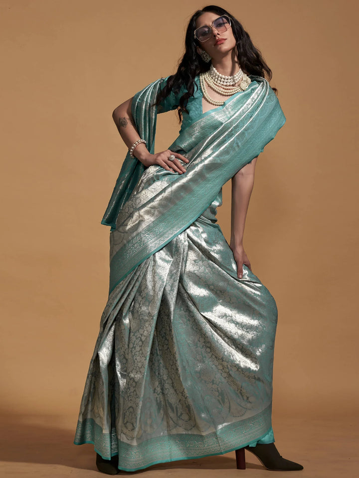 Lovely Turquoise Zari Woven Silk Party Wear Saree With Blouse - Zeel Clothing