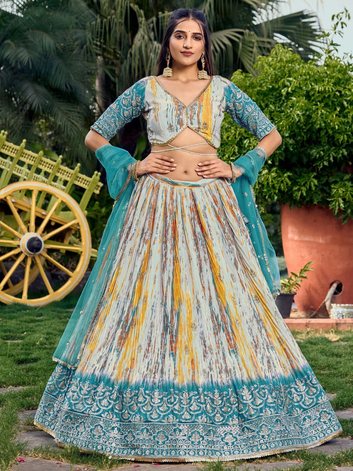 Lovely White & Blue Digital Printed Chinon Sangeet Wear Lehenga Choli